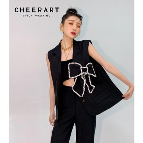 CHEERART Korean Fashion Vest Sleeveless Jackets For Women 2021 Black Pearl Bow Sleeveless Blazer Button Up Vest Waistcoat