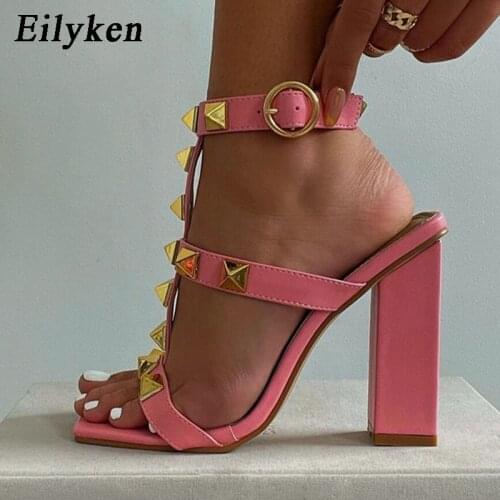 Eilyken New Design Rivet Decoration Women Sandals Summer Fashion Open Toe Ankle Buckle Strap Shoes Ladies Square High Heels