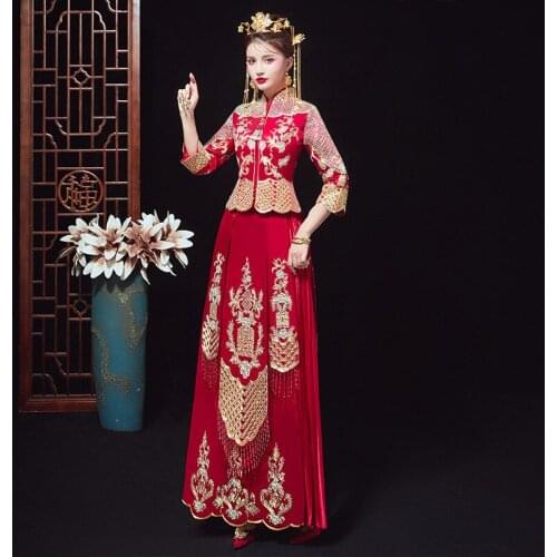 Elegant Bride Vintage Mandarin Collar Qipao Chinese Traditional Wedding Dress Long Red Embroidery Cheongsam китайская одежда