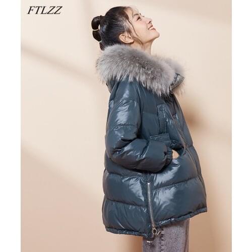 FTLZZ Winter Large Natural Fur Hooded Down Jacket Women 90% White Duck Down Coat Drop Sleeve Thickening Warm Loose Outerwear