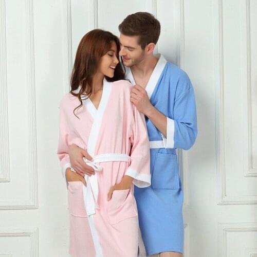 Women Summer Kimono Bath Robe 100% Cotton Suck Water Dressing Gown Sexy Waffle Spa Robes Male Solid Bathrobe Peignoir Homme Pink