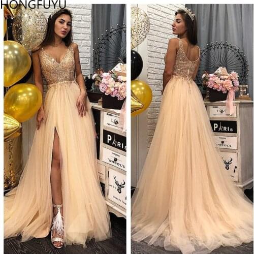 HONGFUYU Sweet Champagne Crystals Prom Formal Dresses Long Tulle V-neck Evening Gown Slit Right vestidos de gala fiesta largos