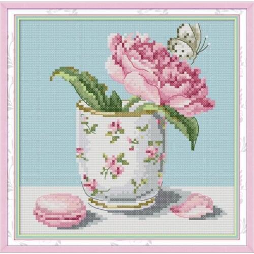 Joy Sunday New Arrival Flower In Cup Printed Canvas Embroidery DIY Handmade Crafts Cross Stitch Kits DMC 14CT Gift Home Decor