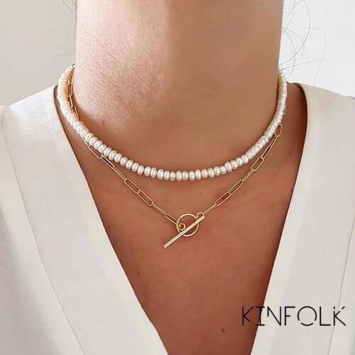 KINFOLK Fashion Layers Pearls Geometric Pendants Necklaces For Women Gold Metal Chain Necklace Design Jewelry Gift Accessories