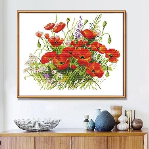 Blooming Red Poppy Flowers Cross Stitch Kit Plant Flowers 14ct 11ct Manual Embroidery Kit Home Embroidery Decorative Painting