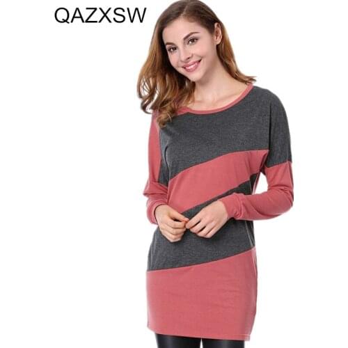 2019 New Spring Long-sleeved Round Neck Fashion Simple Loose Large Size Lady Dress Stitching Solid Knit Women Dresses ZW005