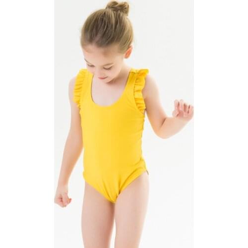New 2-7 Y Girls Swimsuit Yellow One Piece Swimwear Kids Fresh lovely Bathing Suit Toddler Baby Beachwear Ruffle Triangle Bikini