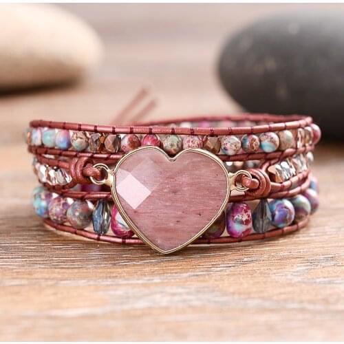 Faceted Stone Heart Couple Wrap Bracelets Love Healing Leather Handmade Beaded Wristband