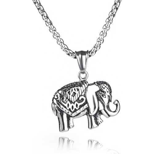 Thai Elephant Pendant Necklace Fashion Vintage Antique Silver Color Big Elephant Necklace Long Chain Metal Chain Necklace