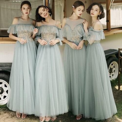 Bridesmaids Dresses Illusion O-Neck Embroidery Sequined Floor-Length Lace Tulle Off The Shoulder Women Wedding Party Gown E210