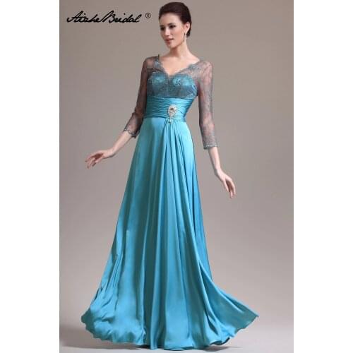 Popular V Neck Long Formal Womens Dress A Line 3/4 Sleeve Turquoise Satin Mother of the Bride Dress