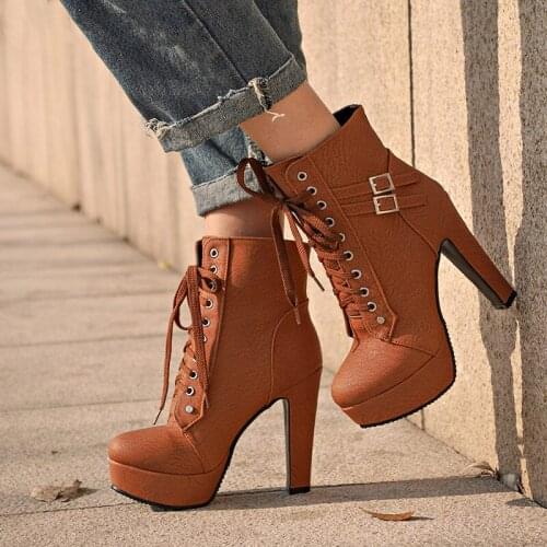 Dropshipping Ankle Boots For Women Platform High Heels Female Lace Up Shoes Woman Buckle Short Boot Casual Ladies Footwear