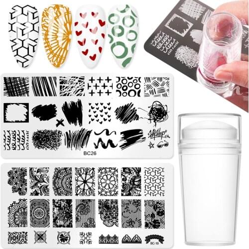 Rectangle Nail Stamping Plate Design with Stamper Transfer Stencils Flower Geometry line DIY Template for Nail Tool