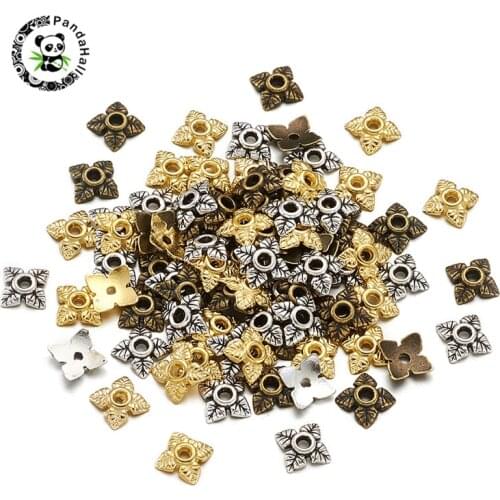 Pandahall 1 Set Alloy Tibetan Style Bead Caps for Jewelry Findings 4-Petal Flower Mixed Color 6x6x2mm Hole: 1mm 210pcs/Set
