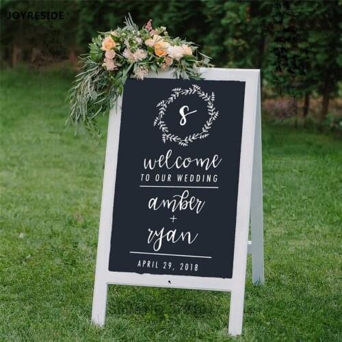 JOYRESIDE Personalized Name Date Decal Wedding Sticker Wedding Sign Art Vinyl Decals Elegant Happy Married DIY Mural Decal A1726