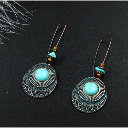 Vintage Boho India Ethnic Round Blue Stone Hanging Dangle Drop Earrings for Women Female 2018 New Party Jewelry Accessories