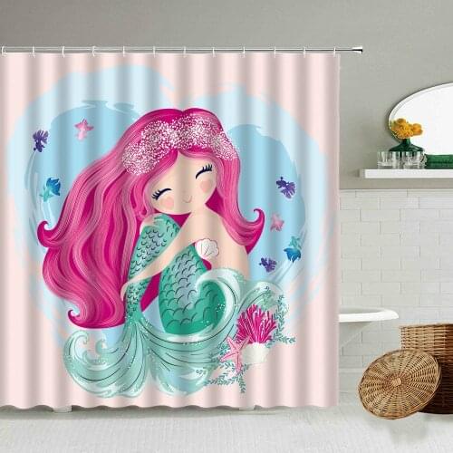 Cute Cartoon Mermaid Shower Curtain Flower Shell Pink Girl Child Bathroom Decoration Waterproof Cloth Curtains With Hook Set