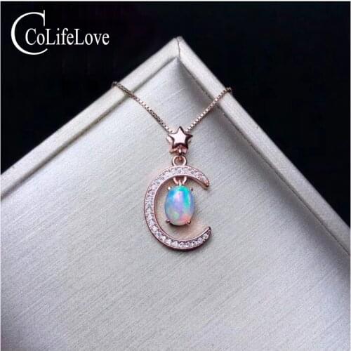 CoLife Jewelry Arabian Style Star and Moon Pendant for Woman Natural 0.6ct Opal Silver Pendant 925 Silver Opal Jewelry