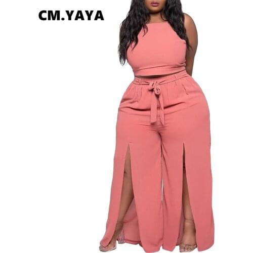 CM.YAYA Women Plus Size Tracksuit Solid Sleeveless Bandage Crop Tops Splited Wide Leg Pants Two 2 Piece Set Casual Outfit Summer