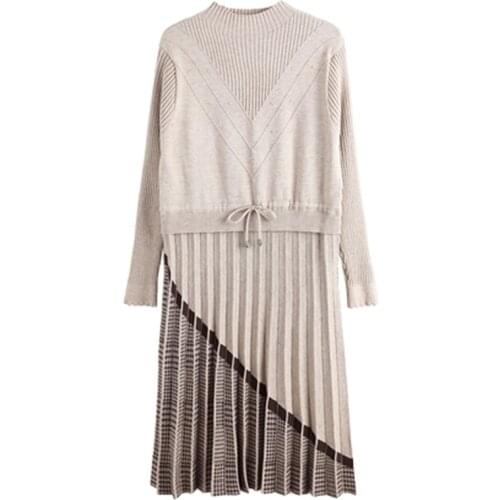 New Spring Autumn Womens Knitted Long Dress Patchwork Plus Size Female Sweaters Pleated Bottoming Turtleneck Lady Pullover Belt