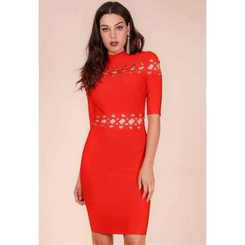 Nice Rayon Bandage Dress 4 Color Turtleneck Short Hook flower hollow Above Knee Bodycon Women Dress Evening Party Dress