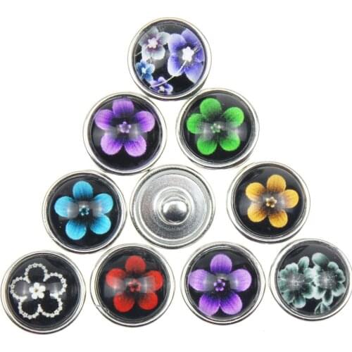 10pcs/lot Mixed Flower Pattern 12mm Glass snap button Faceted glass Snap Fit snap Bracelet jewelry