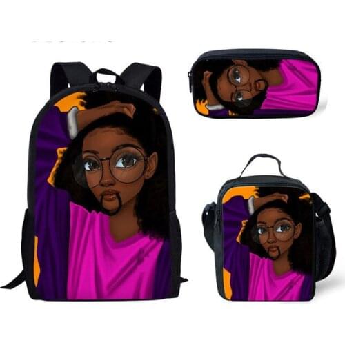 Pencil Box Big Backpacks For Kids 3pcs Black Art Afro Lady Pattern Girls Kids Lunch Box Set Children Bookbag Students Rucksack