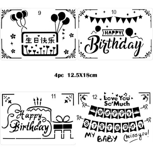 4pc Happy Birthday Painting Template DIY Bullet Journal Stencil Scrapbook Album Decoration Template Reusable