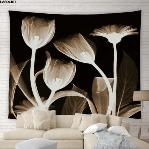 Floral Tapestry Tulip Lotus Flowers Transparent Art Black Background Wall Hanging Cloth Modern Living Room Bedroom Home Decor