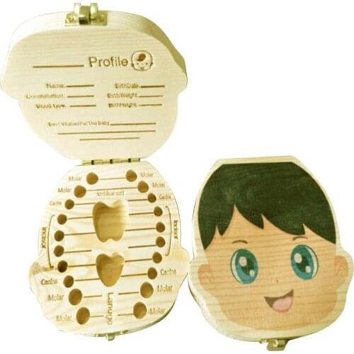 Wooden Baby Tooth Box English Colorful Print Milk Teeth Umbilical Organizer Storage Souvenir Case Baby Gifts