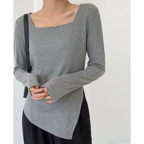 Elasticity Knitted Cotton Slit T-shirt Long Sleeve Crew Neck Soild Tshirts 2021 Autumn New Korean All-match Woman Tops Tees