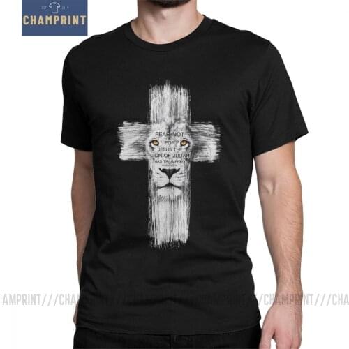 Cool Lion Of Judah Jesus T Shirt Men Funny Cross Lion Tee Shirts Mans Custom Short Sleeve Valentines 3XL T Shirts Man T-Shirts
