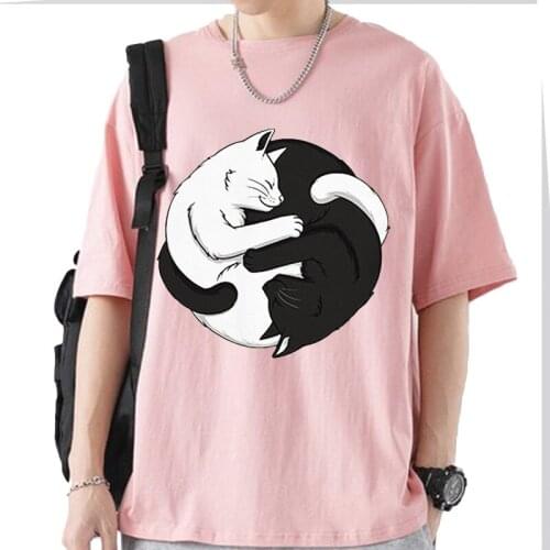 Men Black/white Cat Cool Summer Loose Men/women T Shirt Casual Short Sleeve Print Anime Tshirt Japanese Summer T-shirt Tops Tee