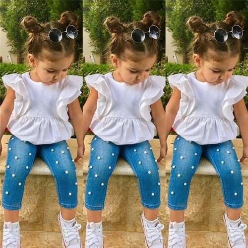 2Pcs Toddler Kids Baby Girls Cotton Top T-shirt Denim Long Pants Outfits Clothes Outfits Casual Summer Clothing 2-7Years