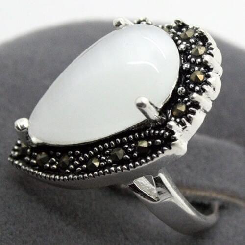 Nice valentise gift VINTAGE 13*25mm NANTURAL DROP WHITE OPAL RING SZ 7/8/9/10