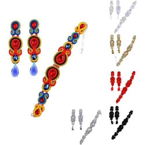 Soutache Jewelry Set Womens Long Earrings Matching bracelet Combination red black white shiny crystal beautiful Accessories