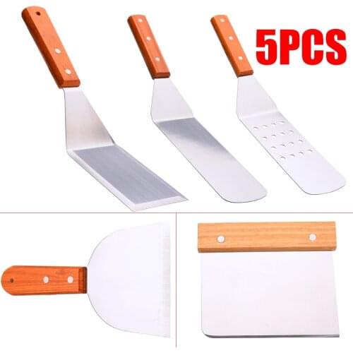 Mayitr 5Pcs Stainless Steel Spatula Set With Wood Handle For Grill Griddle Salad scraper chopper Pizza BBQ Baking kitchen Tools