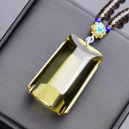 Natural Yellow Citrine Quartz Crystal Rectangle Pendant 55*33*22mm Gemstone Women Faceted Cut Wealthy Bead Necklace AAAAA