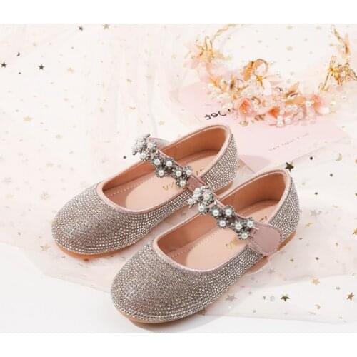 2021 New Baby Girls Pearl Rhinestone Princess Shoes Girl Birthday Party Cosplay Crystal Shoes Children Fashion Flat Shoes