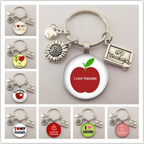 New Keep Calm Keychain, Love My Teacher Glass Image Keychain Dome Charm Camouflage Bag Chain Keychain Teachers Day Jewelry Gift
