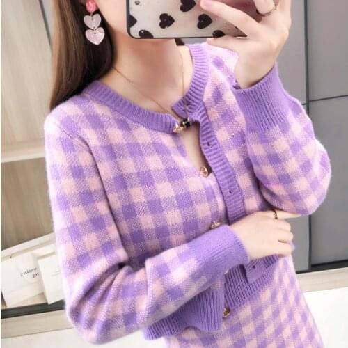 New fresh and sweet three-piece sweater gentle style knit suit sweater Matching Sets women plaid vintage Dress Sets for women