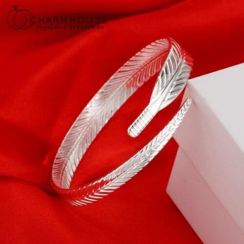 Silver Bangles For Women Feather Charm Bracelet & Bangle Open Pulseira Femme Wristband Wedding Jewelry Accesories Party Gifts
