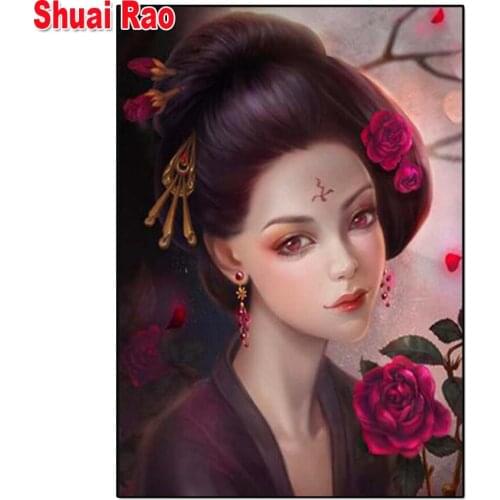 Full Square Round Diamond painting Ancient oriental woman geisha rose girl mosaic Diamond Embroidery rhinestones art pictures