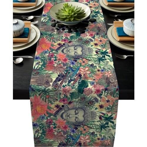 Colorful Leaves Flowers Feather Buddha Modern Table Runners Cloth Party Wedding Decor Table Runner Dining Table Cover