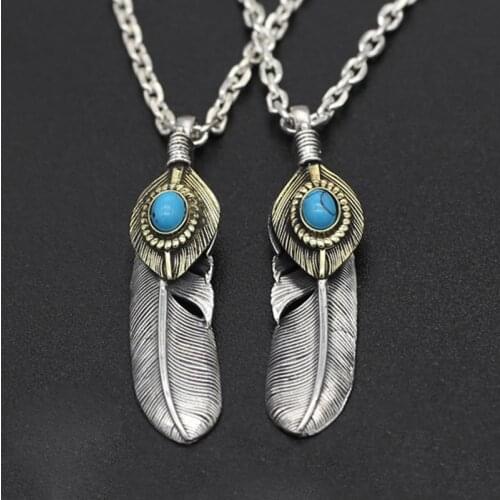 S925 Sterling Silver Jewelry Vintage Thai Silver Personality Handmade Turquoise Eagle Feather Pendant