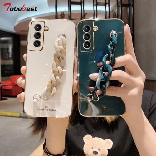 Marble Bracelet Chain Plating Silicone Case for Samsung Galaxy S21 Ultra FE Plus Coque Straight edge Soft TPU Cover