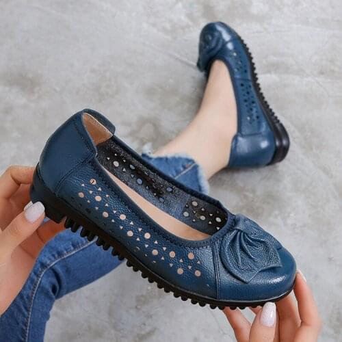 Womens Platform Hollow Out Ballet Flats For Women Genuine Leather Summer Mothers' Shoes Woman Slip On Shallow Flats Footwear