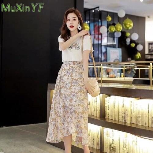 Women Summer Short Sleeve Clothing Suit 2021 Daisy Flower T-Shirt Skirts Set Lady Graceful Prairie Chic Leisure Chiffon Dress