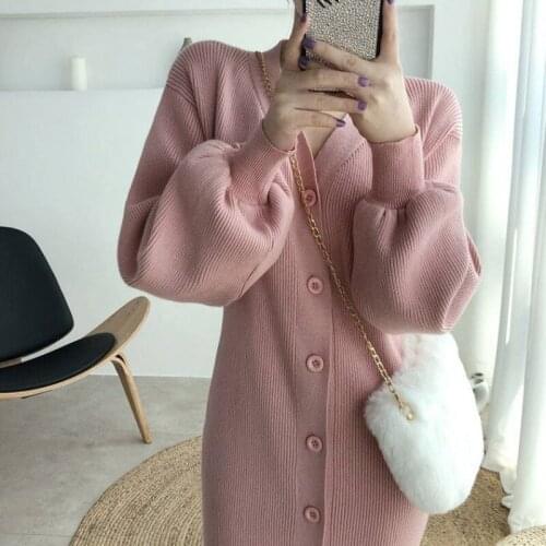 WTIANYUW Fall Bottoming Sweater Dress Women V-neck Single-breasted Lantern sleeves Mid Dress Spring Knitted Cardigan Outwear