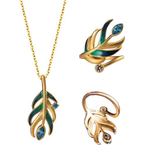 925 Sterling Silver Wing Feather Gold Plated Pendant Necklace Zircons Copal Necklaces Ring Fine Jewelry for Women Trendy Party